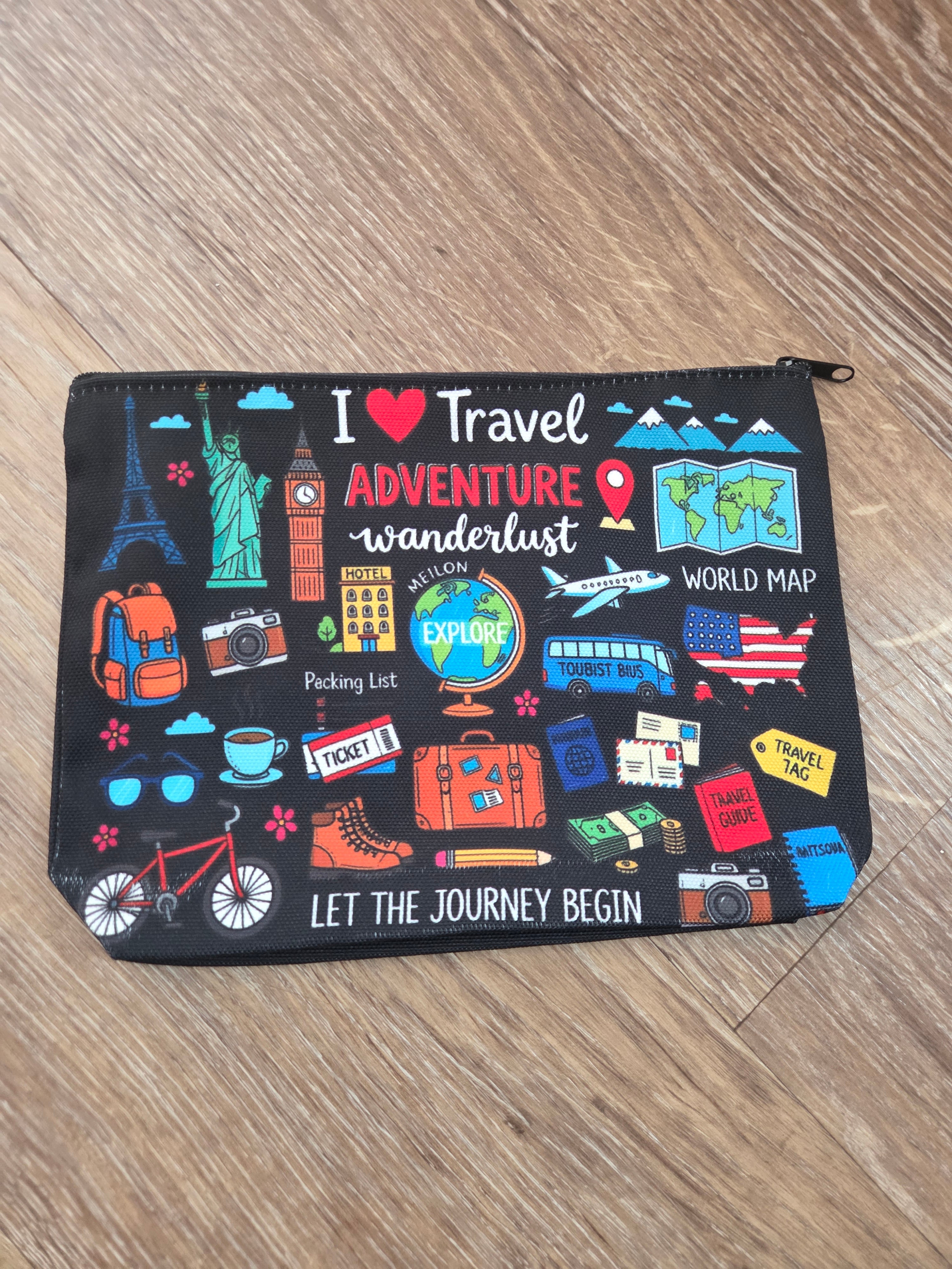 Travel-Themed Zippered Cosmetic Bag
