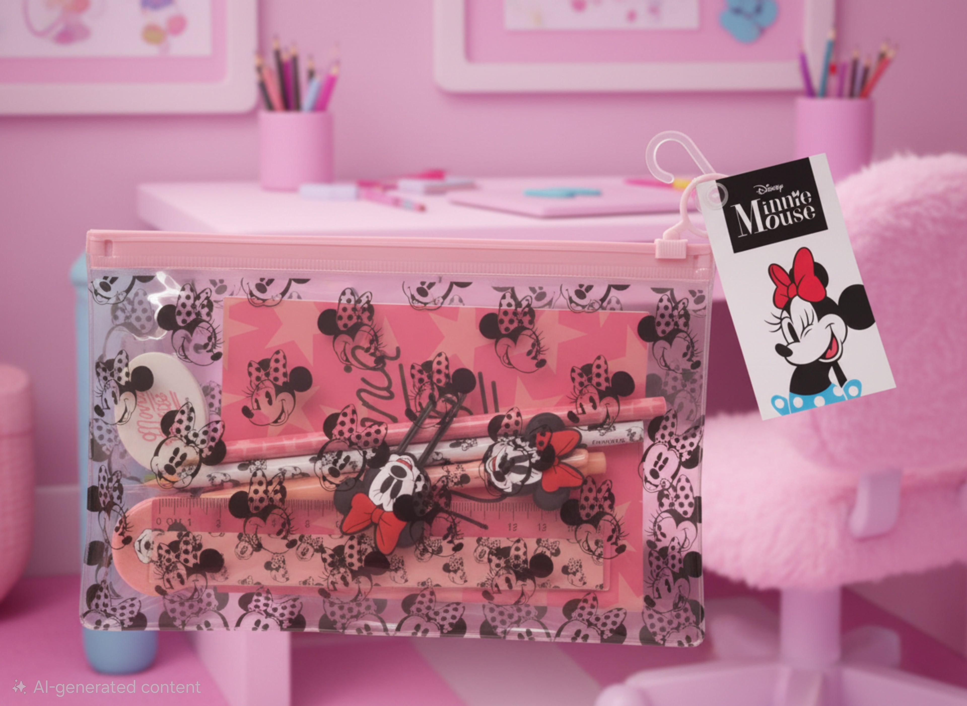 Minnie Mouse Transparent Pencil Case Stationery Set – 9pcs