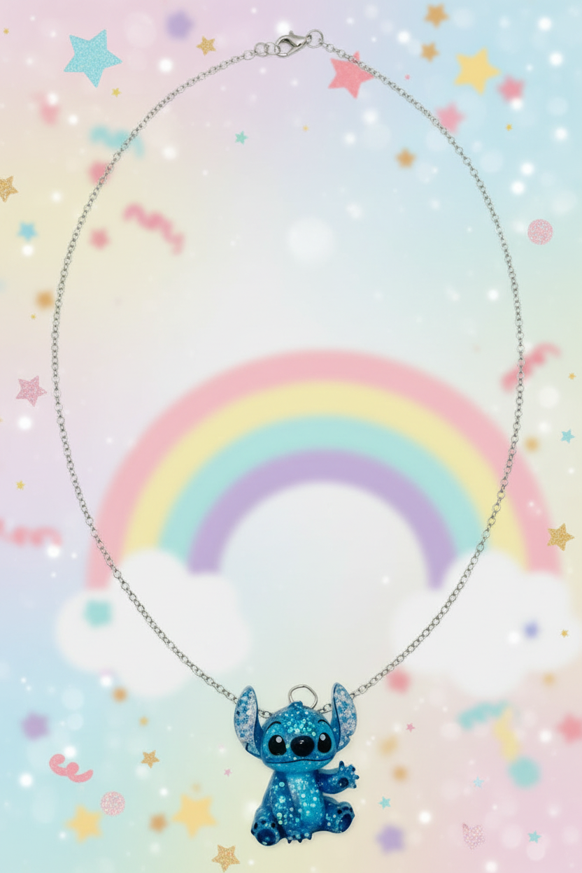 Stitch glitter charm necklace on silver chain with rainbow background