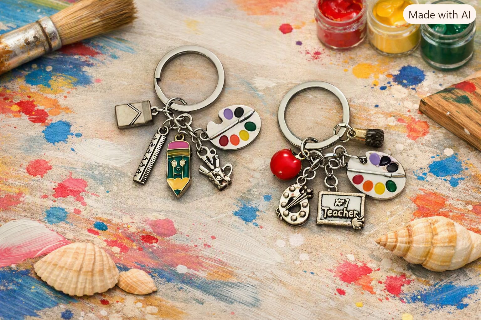 Teacher Ruler Art Paintbrush Keychain Set
