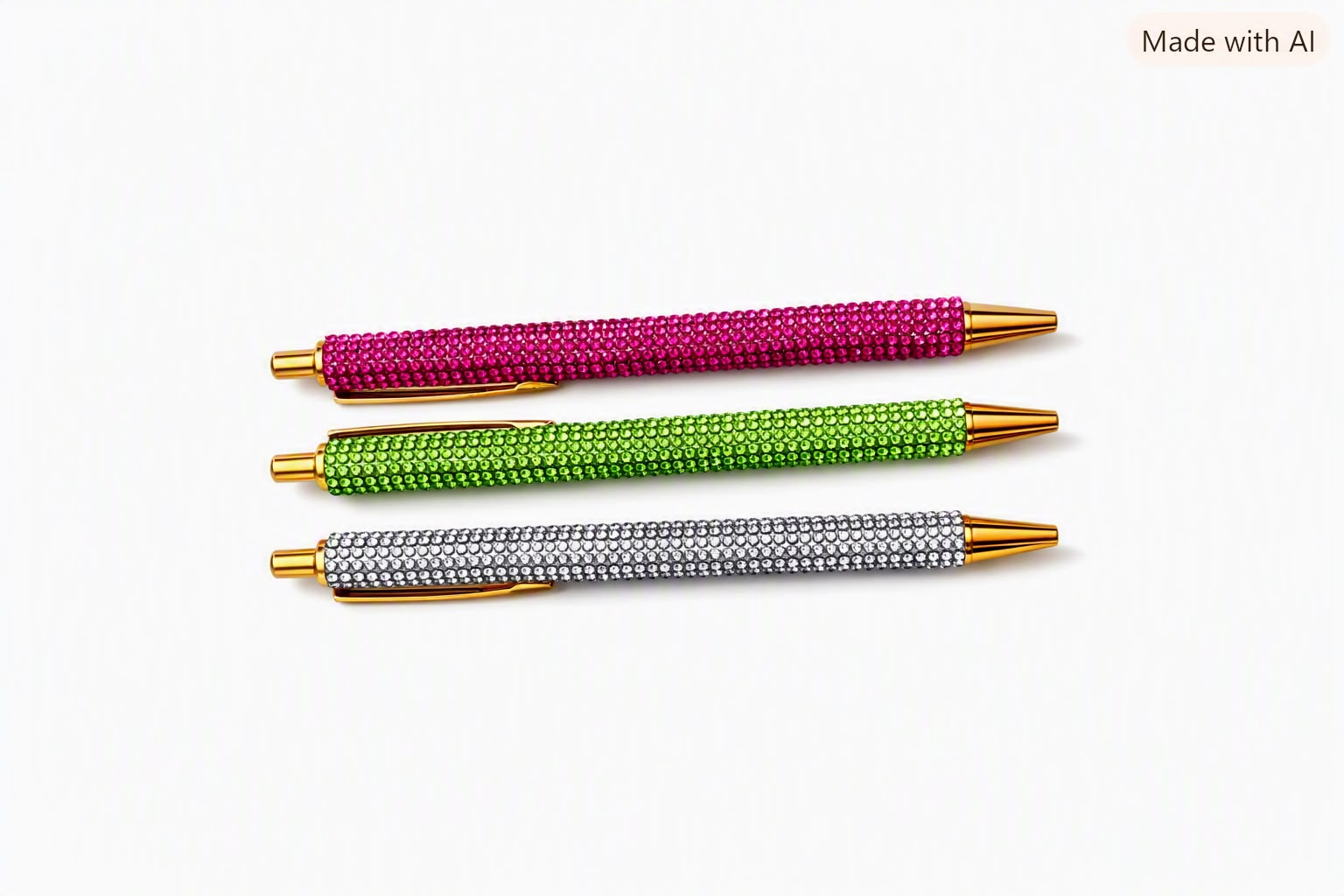 Rhinestone ballpoint pens in pink, green and silver with gold accents