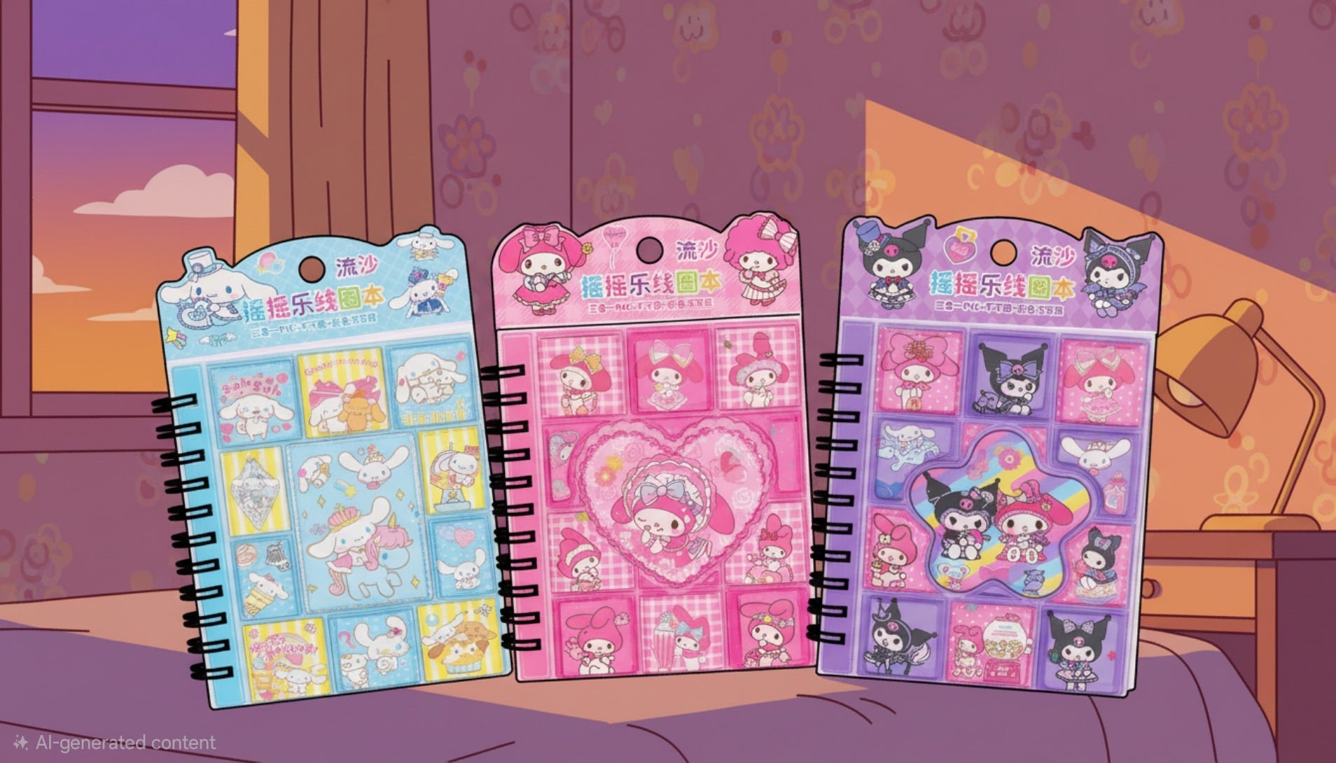 Sanrio Shake and Draw spiral notebooks in Cinnamoroll, My Melody and Kuromi designs