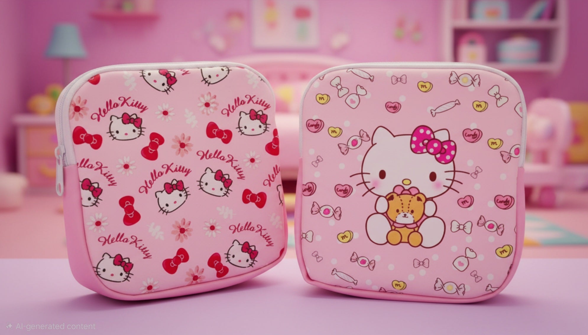 Hello Kitty mini zip pouches in two designs — bow print and candy print