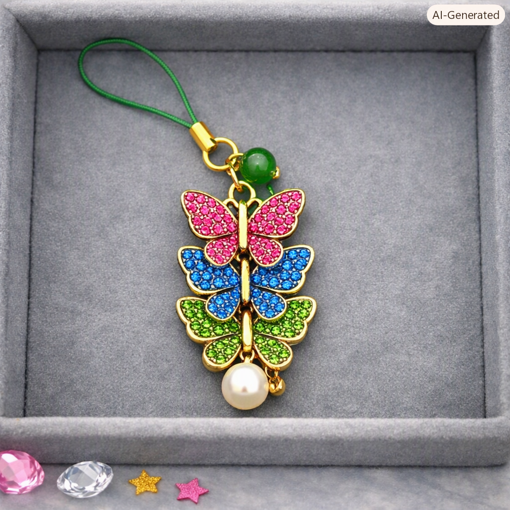 Rhinestone 3 Butterfly Phone Strap – Green