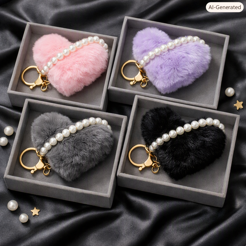 Beaded Plush Heart Keychain with Faux Pearls