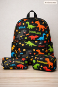 3pcs Casual Design Backpack – Black Dinosaur