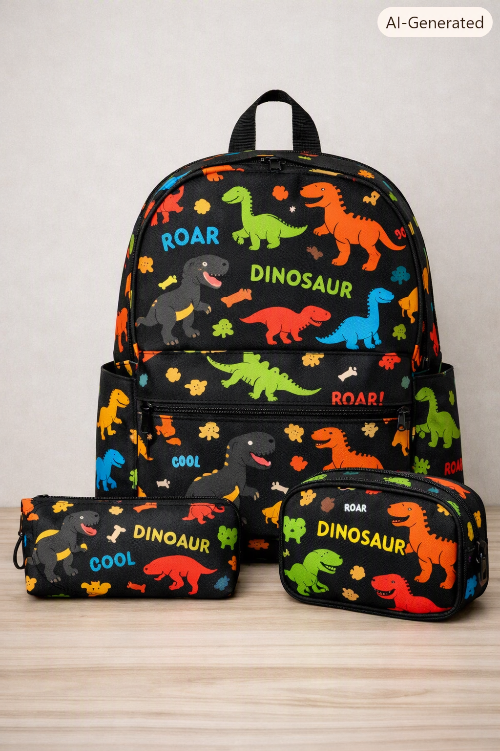 3pcs Casual Style Backpack – Black Dinosaur