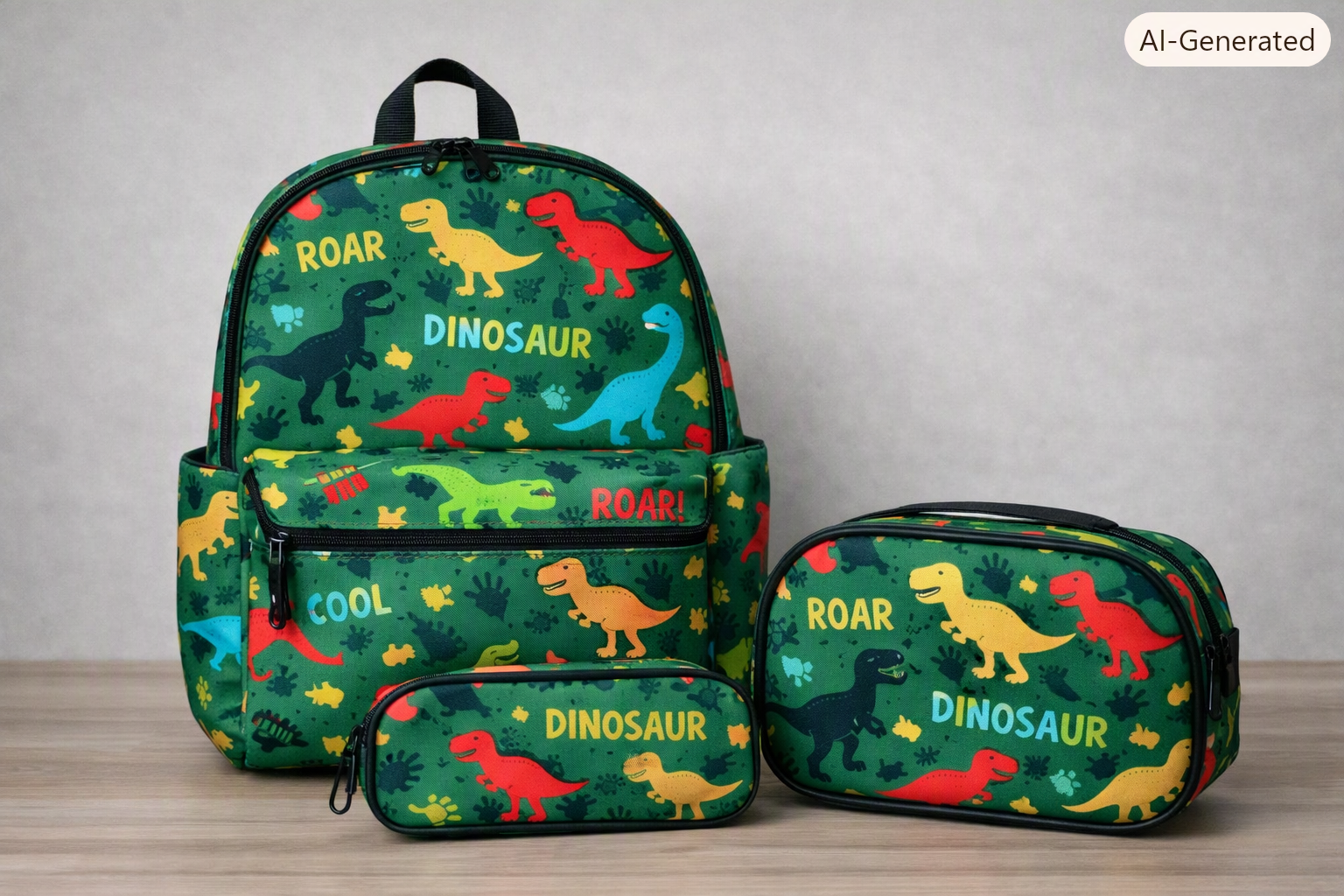 3pcs Casual Style Backpack – Green Dinosaur