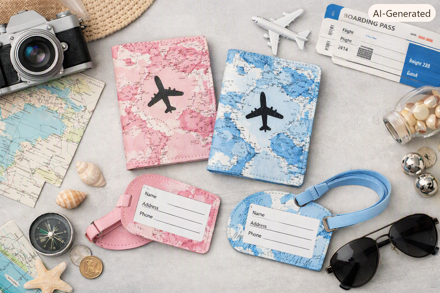 Passport Holder and Luggage Tag Set – Blue and White marble