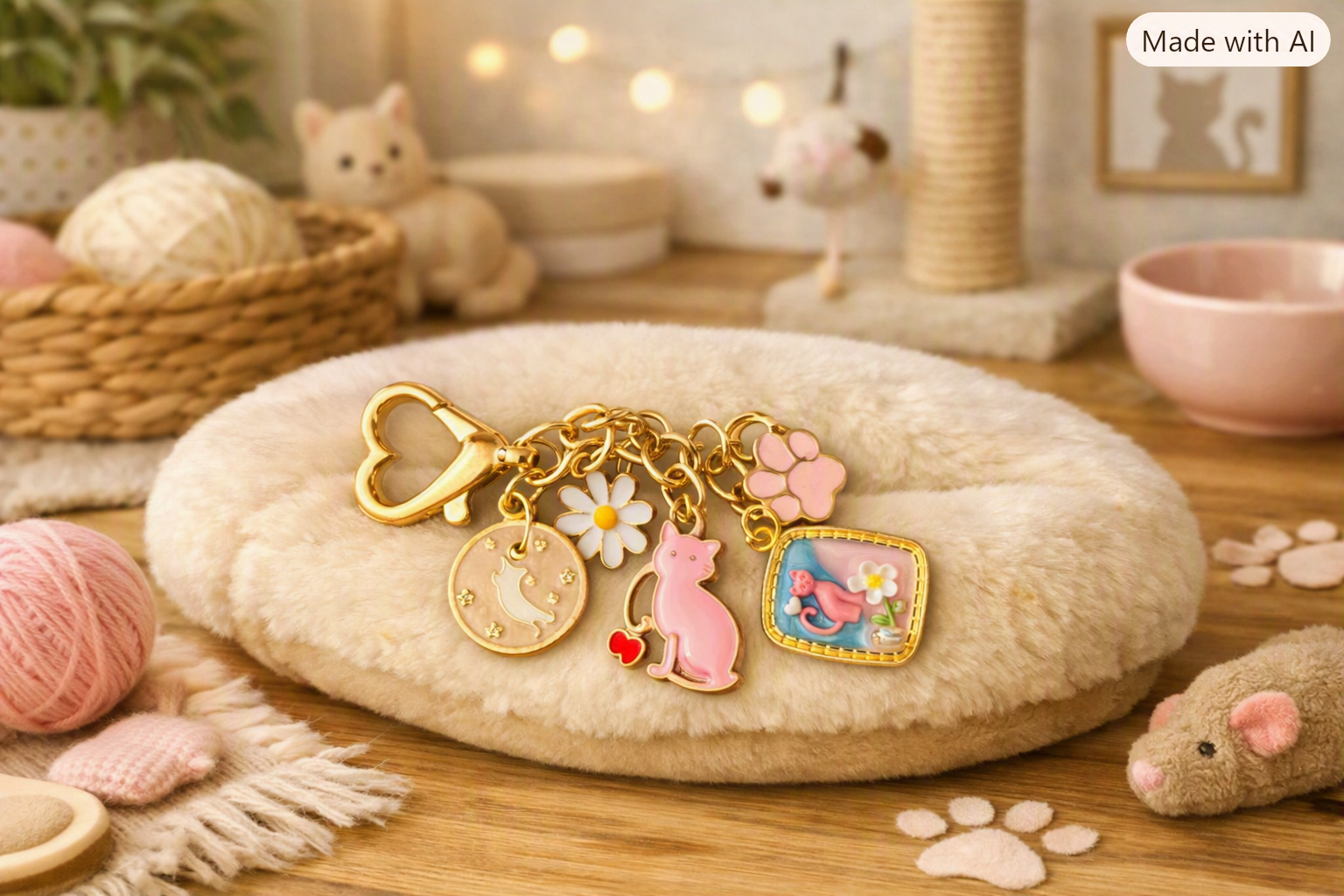 Pretty Pink Cat Paw and Heart Enamel Keychain