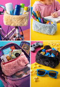 Fluffy faux fur pencil case shown in four colours — beige, blue, pink and black — used as pencil case, cosmetic pouch and storage