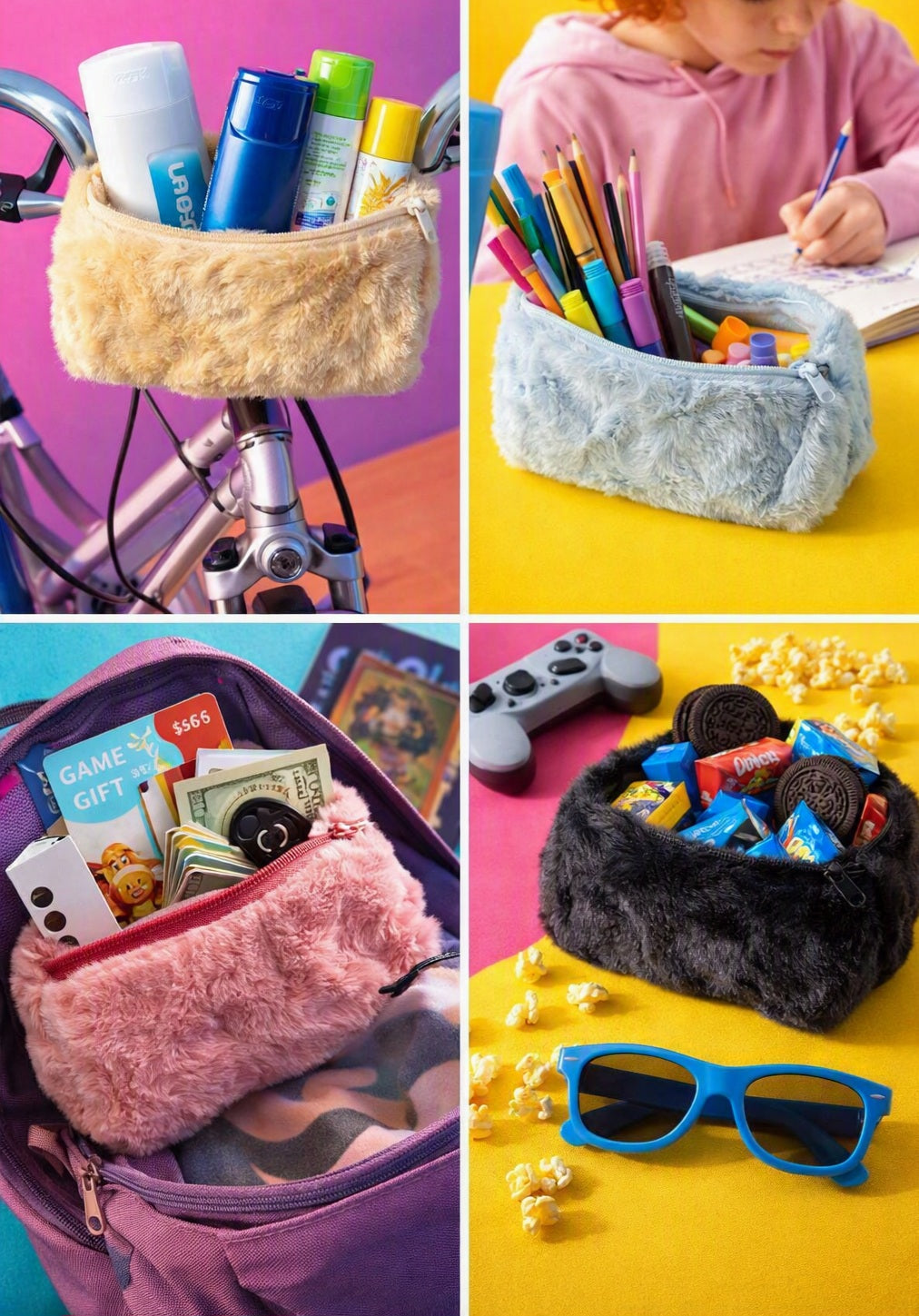 Fluffy faux fur pencil case shown in four colours — beige, blue, pink and black — used as pencil case, cosmetic pouch and storage