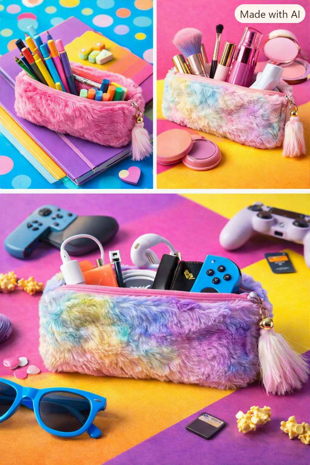 Fluffy faux fur tassel pencil case in pink and rainbow shown as pencil case, make-up bag and tech accessories pouch