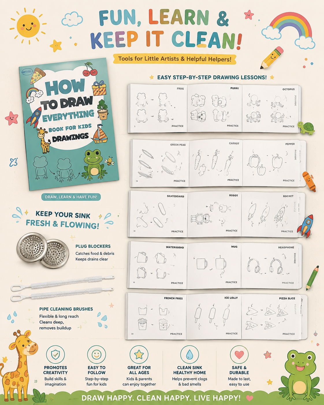 How to Draw Everything kids drawing book with step-by-step lessons for animals, food and objects