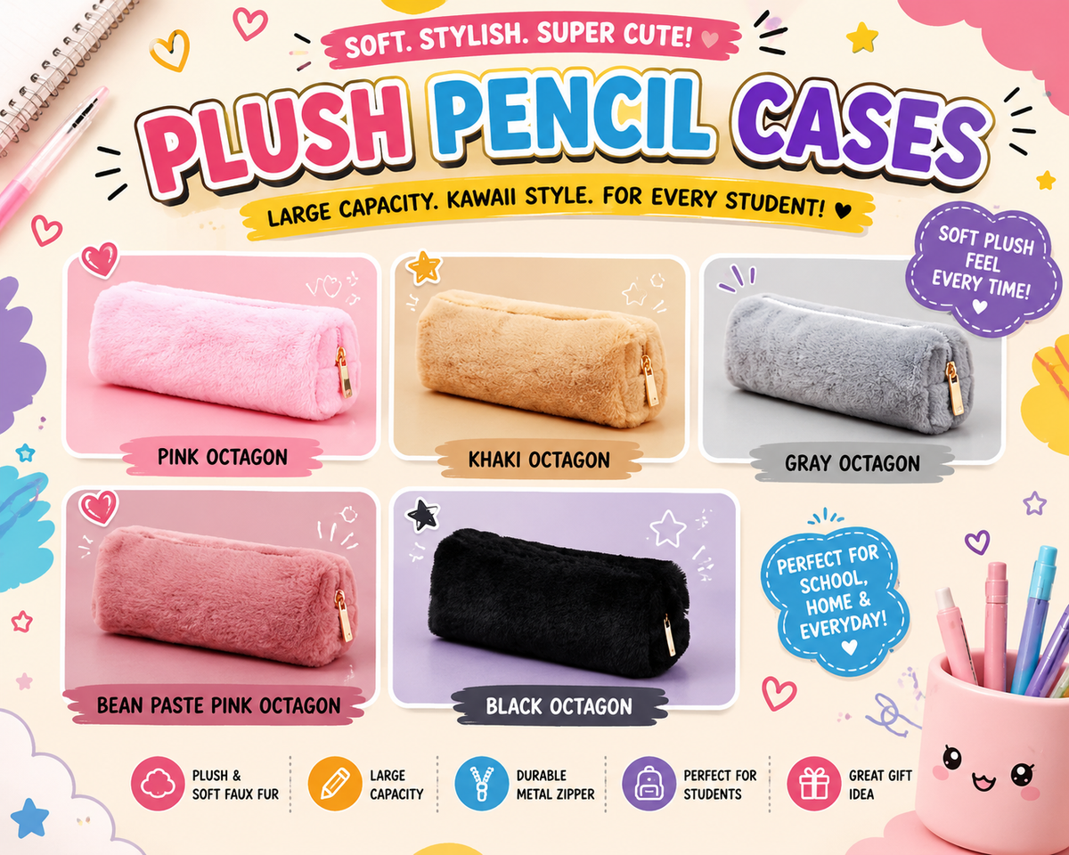 Plush pencil cases in 4 Designs: Pink Octagon, Khaki Octagon, Gray Octagon, Bean Paste Pink Octagon and Black Octagon