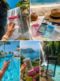 Waterproof phone pouches in pink, black, blue and white shown at beach and waterfall locations