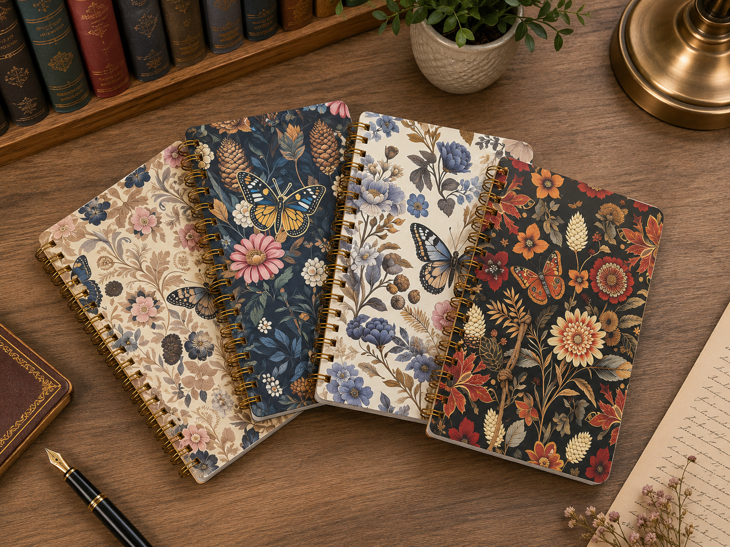 Botanical floral spiral notebooks with butterfly designs, set of 4