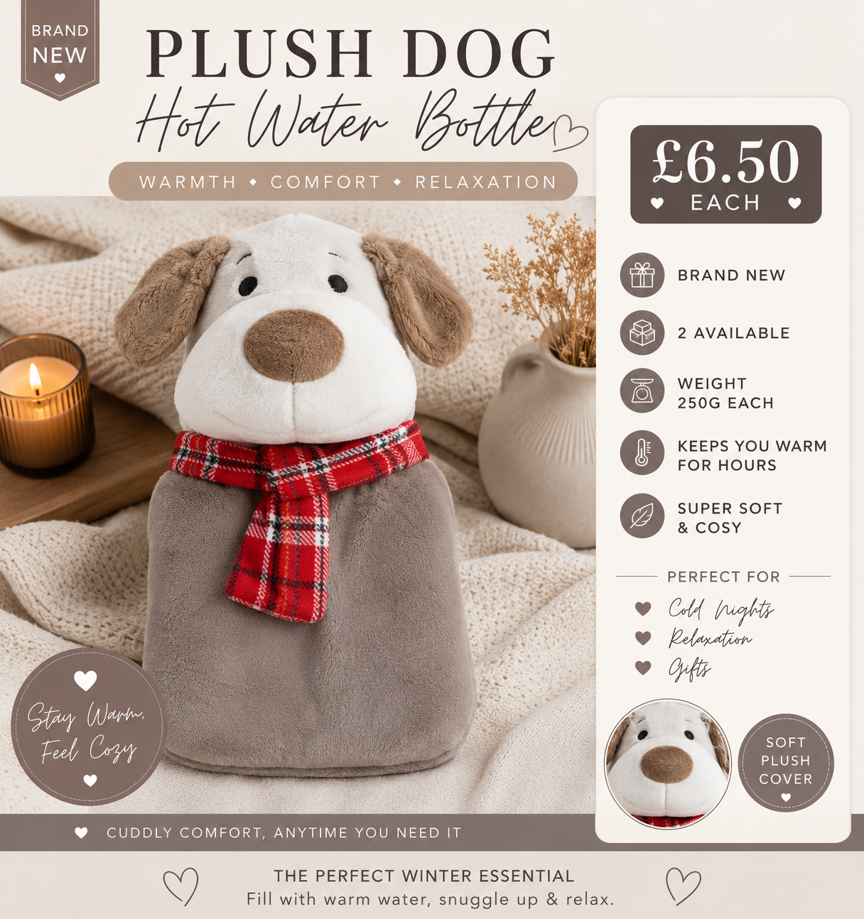Plush Dog Hot Water Bottle with soft cover and tartan scarf detail