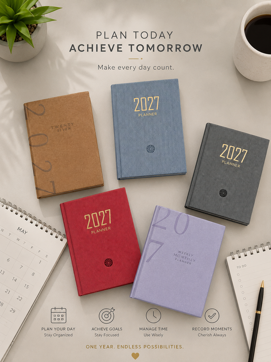 2027 A6 weekly and monthly planner in tan, blue, grey, red and lilac hardcover editions