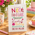 To a Wonderful Niece colourful typographic greetings card – fab-u-lous, special, lovely, caring, beautiful, one in a million