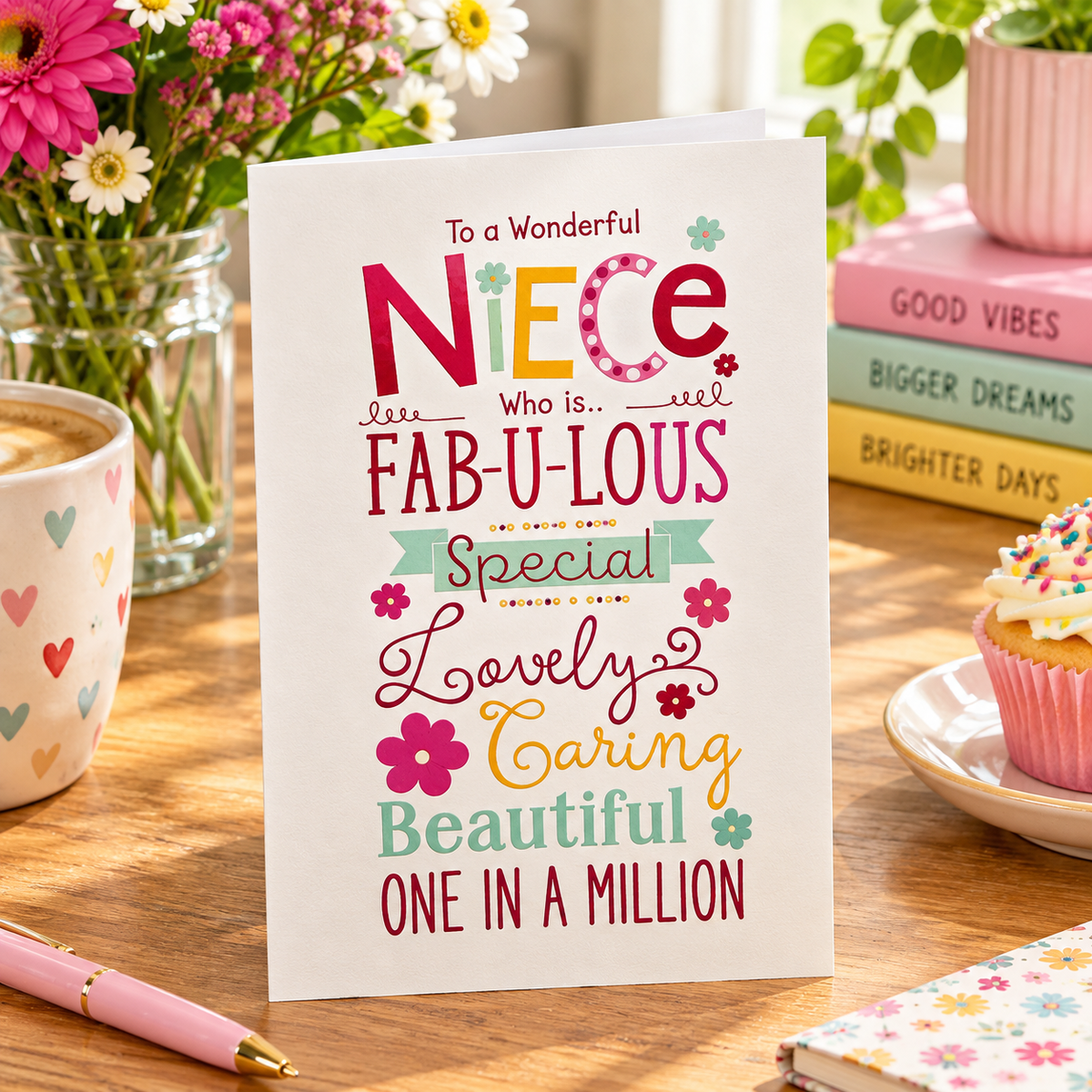 To a Wonderful Niece colourful typographic greetings card – fab-u-lous, special, lovely, caring, beautiful, one in a million