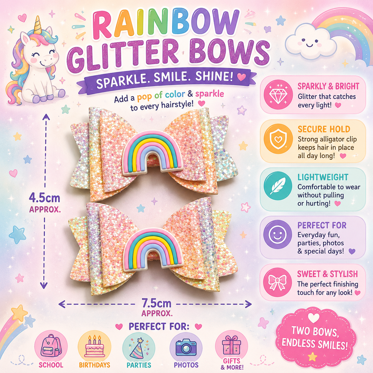 Glitter Rainbow Bow Clips – 2pcs