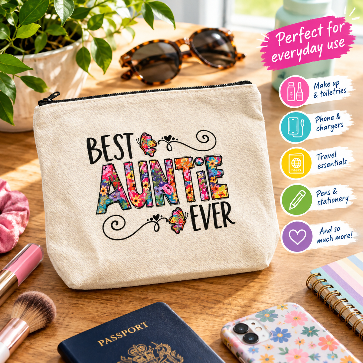 Best Auntie Ever canvas zip pouch with vibrant floral butterfly print – perfect for makeup, travel and everyday use