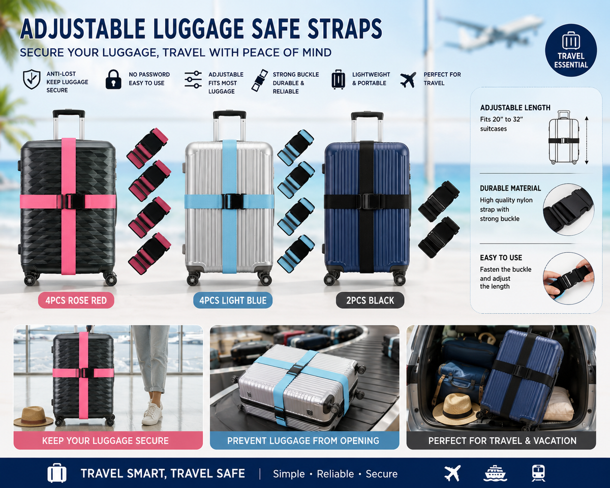 Adjustable luggage safe straps set of 2 on suitcases in rose red, light blue and black