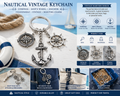 Nautical vintage keychain with compass, ship's wheel and anchor charms on a coastal background