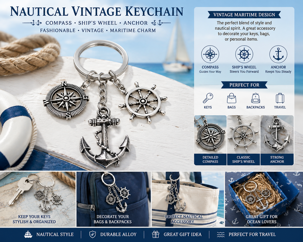 Nautical vintage keychain with compass, ship's wheel and anchor charms on a coastal background