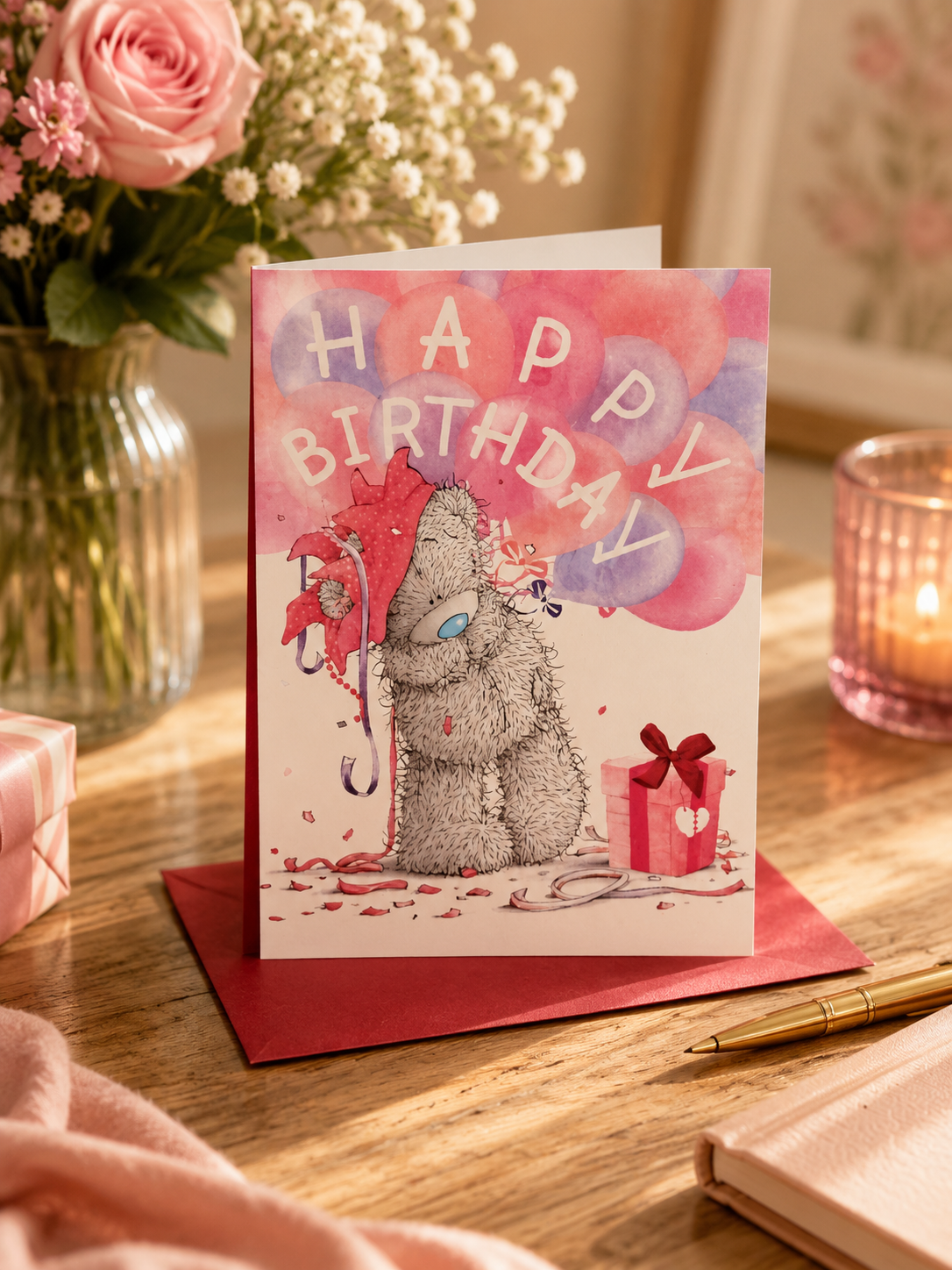Tatty Teddy Happy Birthday Card with balloons and confetti