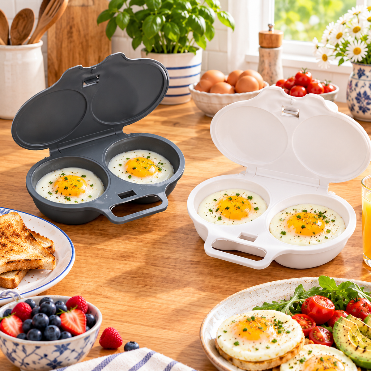 Microwave egg cooker in grey and white, shown open with two poached eggs inside, styled on a breakfast table