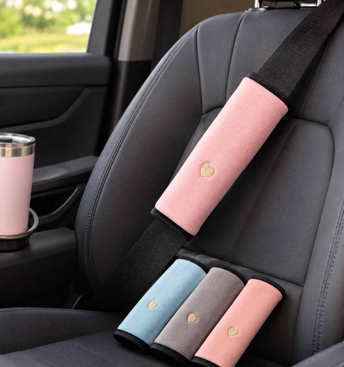 Plush seat belt cover pads in pink, blue, grey and peach with embroidered heart detail