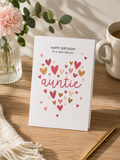 Happy Birthday to a Very Special Auntie card with illustrated heart collage in pink and gold