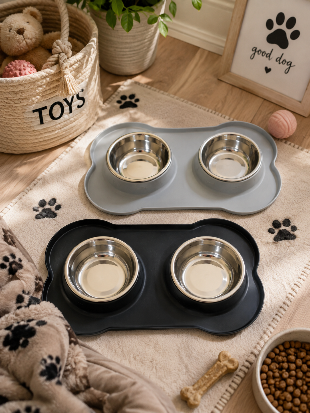 Double Pet Feeding Bowls with Mat Tray – Gray