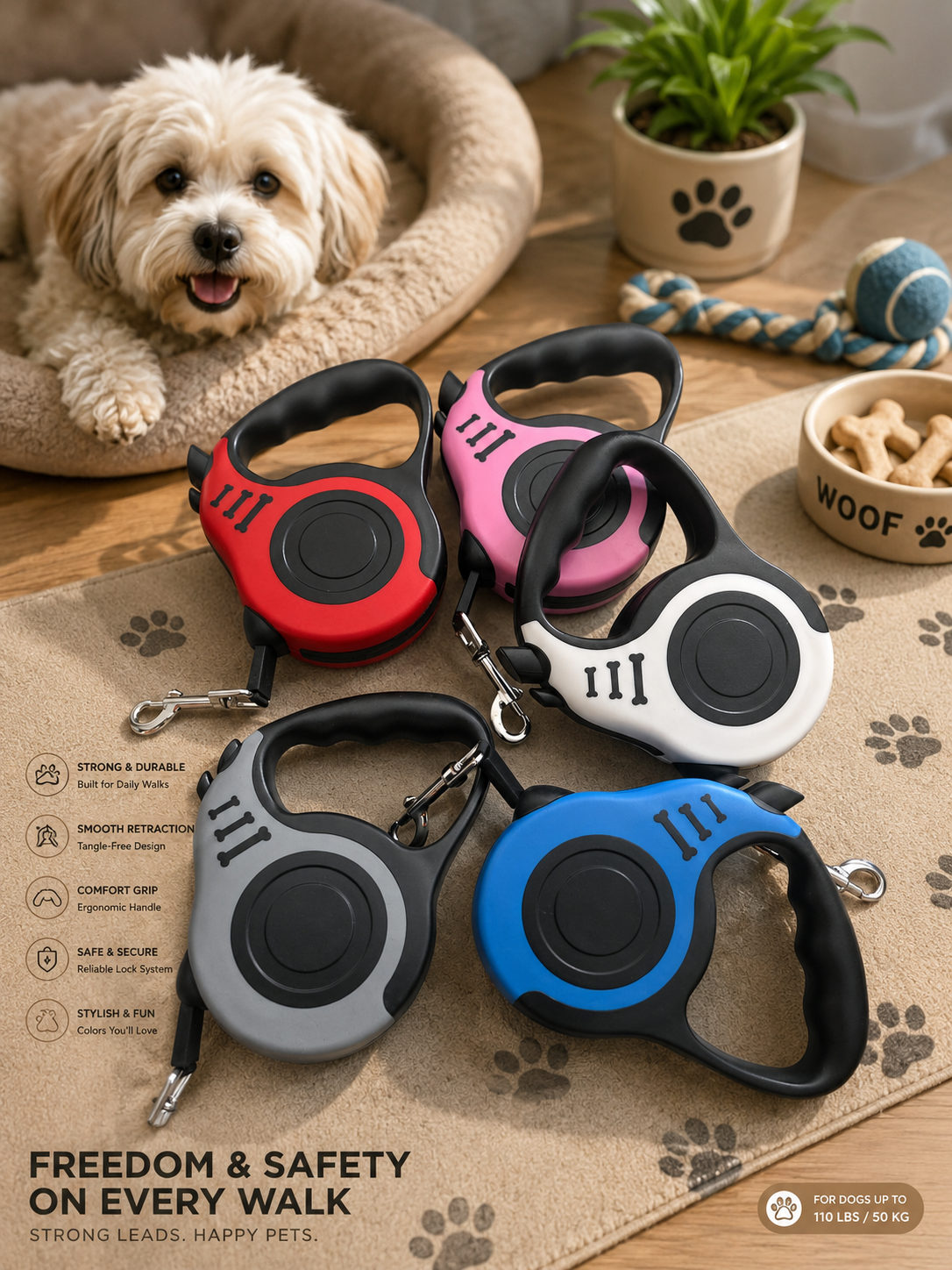 Retractable dog lead in red, pink, white, grey and blue colours