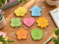 Cute shape sticky notes in Cloud, House, Clover, Heart, Flower, Orange Flower and Apple designs with smiley faces