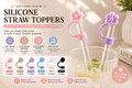 Silicone flower straw toppers in 6 colours: Pink, Khaki, Purple, Blue, White and Black cylinder