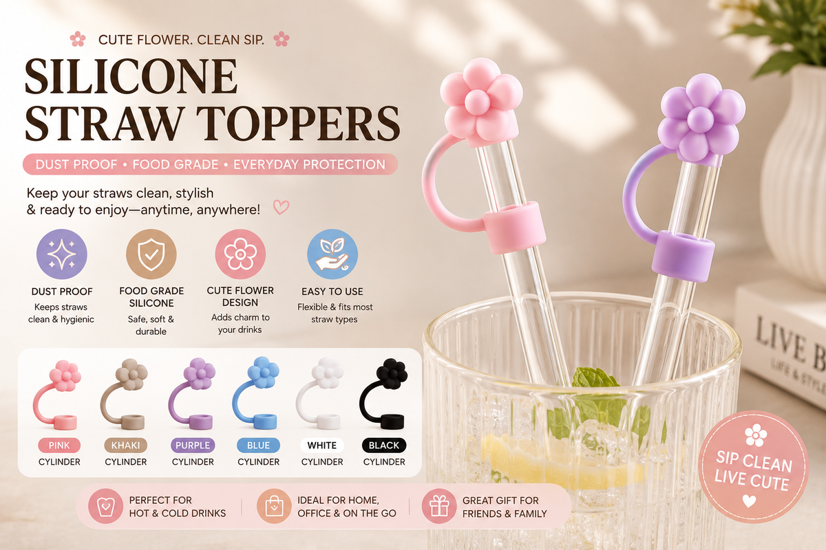 Silicone flower straw toppers in 6 colours: Pink, Khaki, Purple, Blue, White and Black cylinder