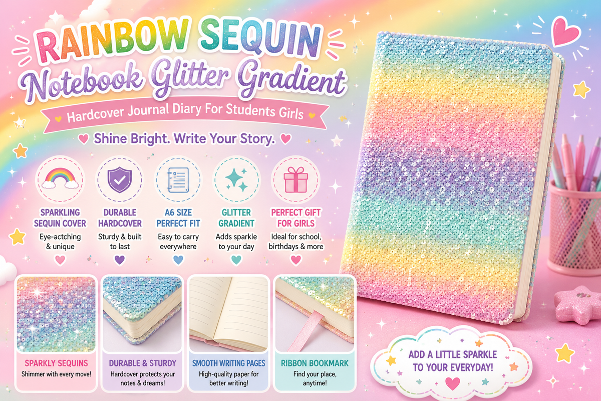 Rainbow sequin notebook glitter gradient hardcover journal diary for students and girls