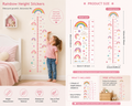 Rainbow height chart wall stickers shown in a child's bedroom, with product size details and features