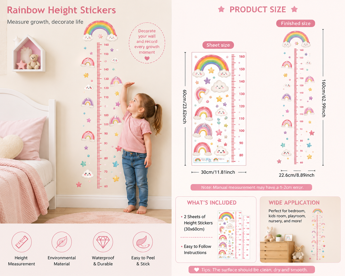 Rainbow height chart wall stickers shown in a child's bedroom, with product size details and features