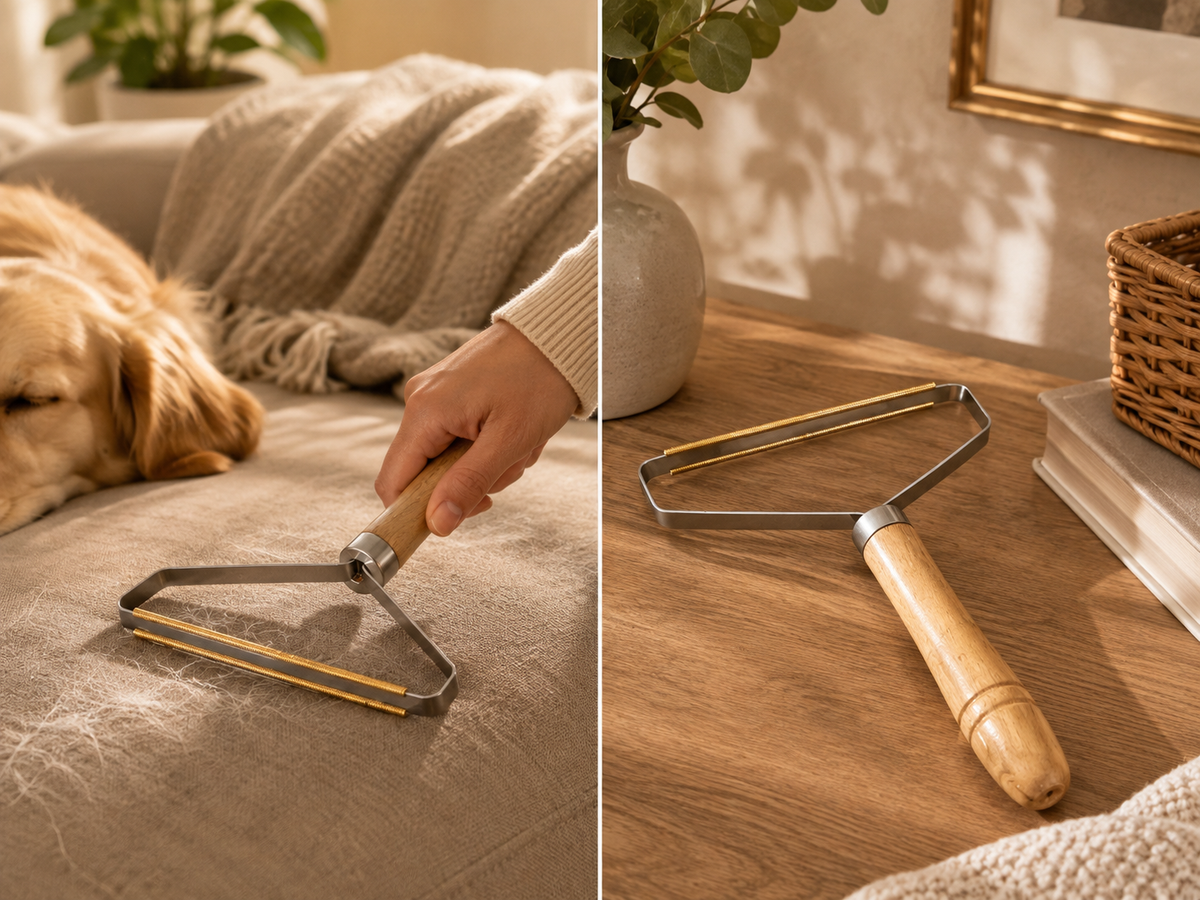 Pet Hair Collector in use on a sofa next to a golden retriever
