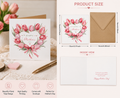 Happy Mother's Day card with pink tulip heart wreath design, shown with kraft envelope and inside message
