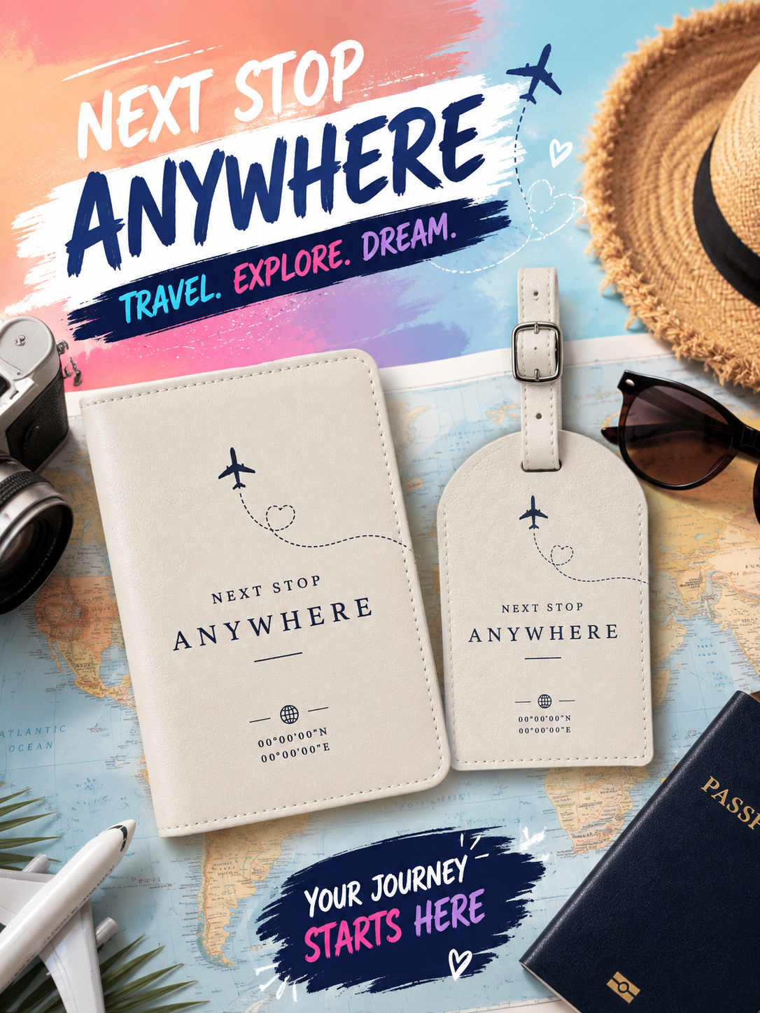 Next Stop Anywhere Passport Holder & Luggage Tag Set