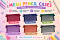 Mesh pencil cases in 6 colours: Crimson Red, Deep Sea Blue, Dark Green, Belflower Purple, Caramel Brown and Light Gray