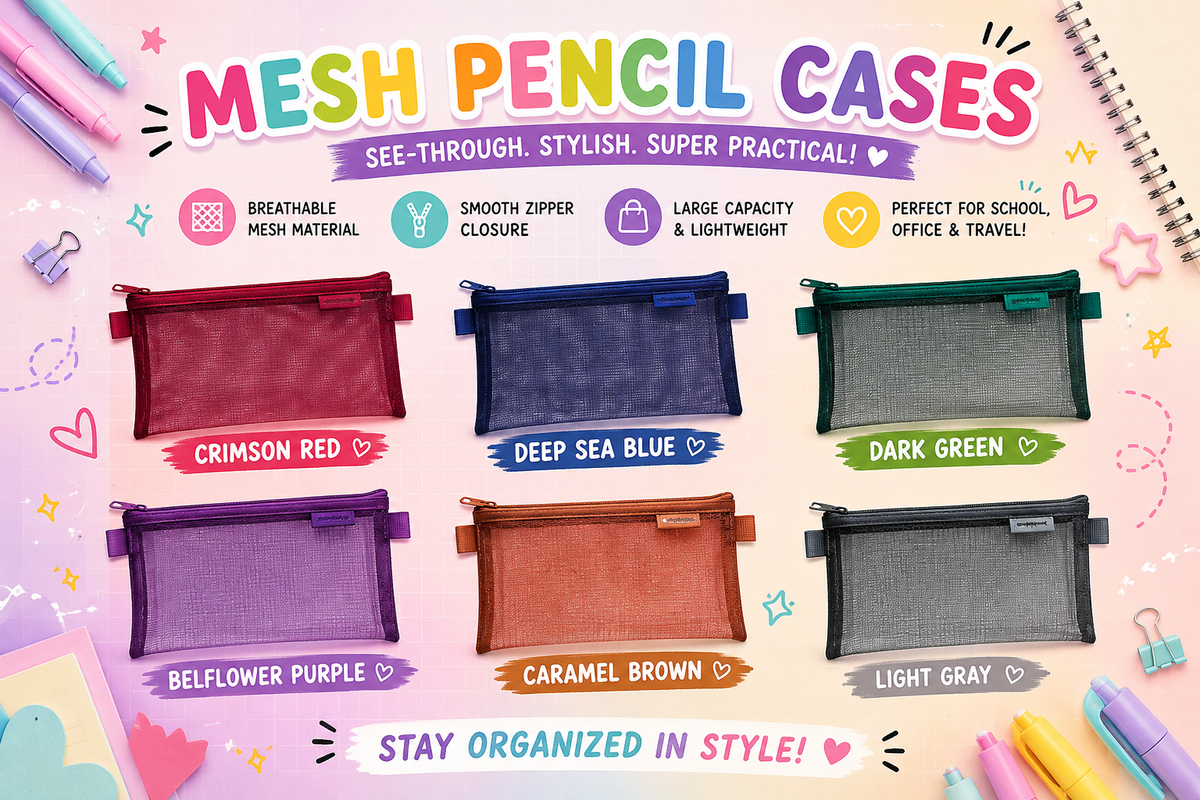 Mesh pencil cases in 6 colours: Crimson Red, Deep Sea Blue, Dark Green, Belflower Purple, Caramel Brown and Light Gray