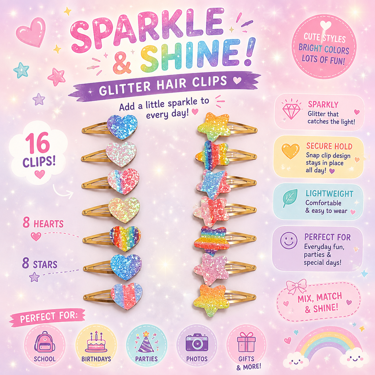 Star and Heart Sequin Bow Clips – 4 pcs