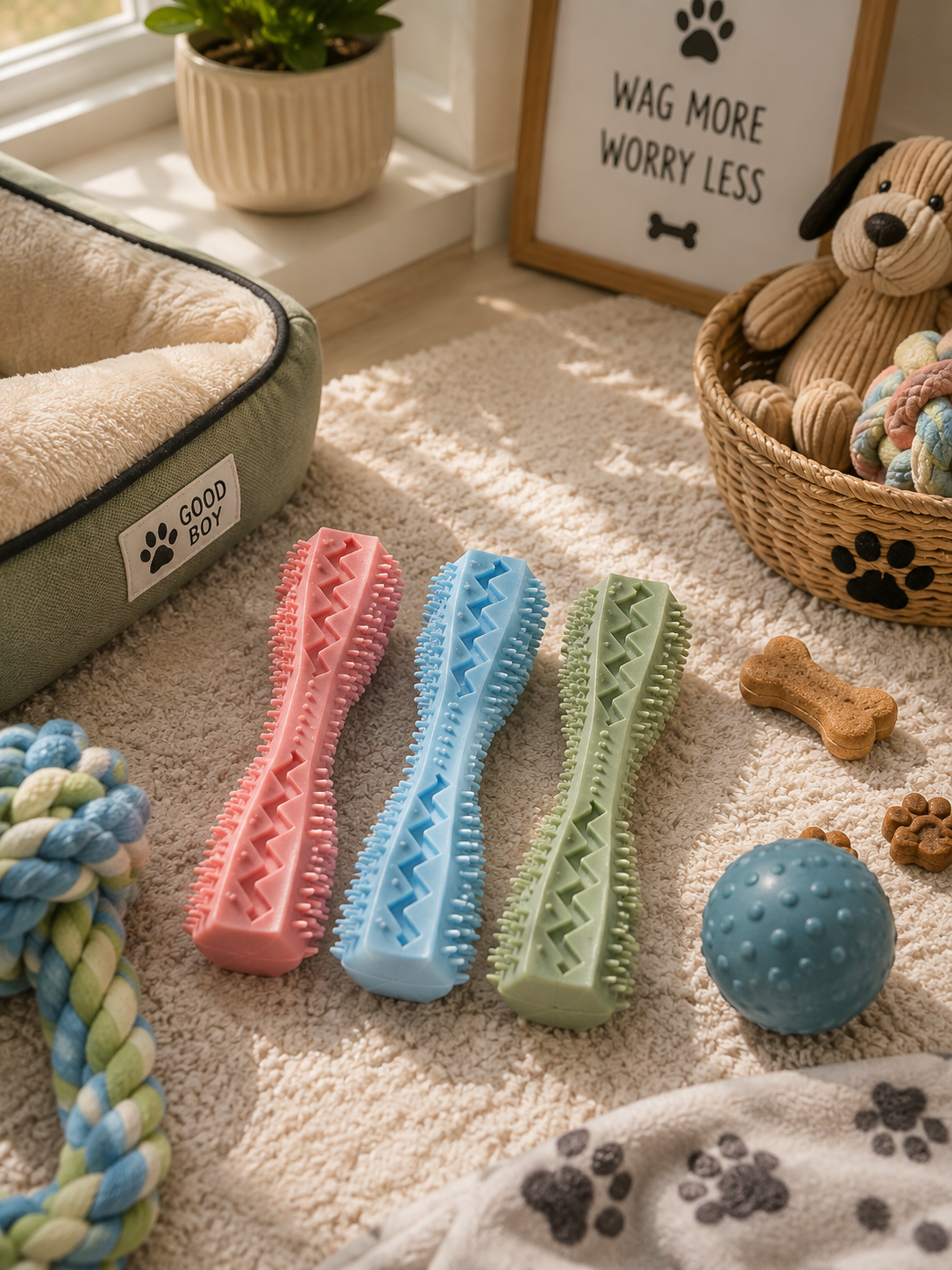 Three silicone dog teething toys in pink, blue, and green laid on a fluffy rug surrounded by dog accessories