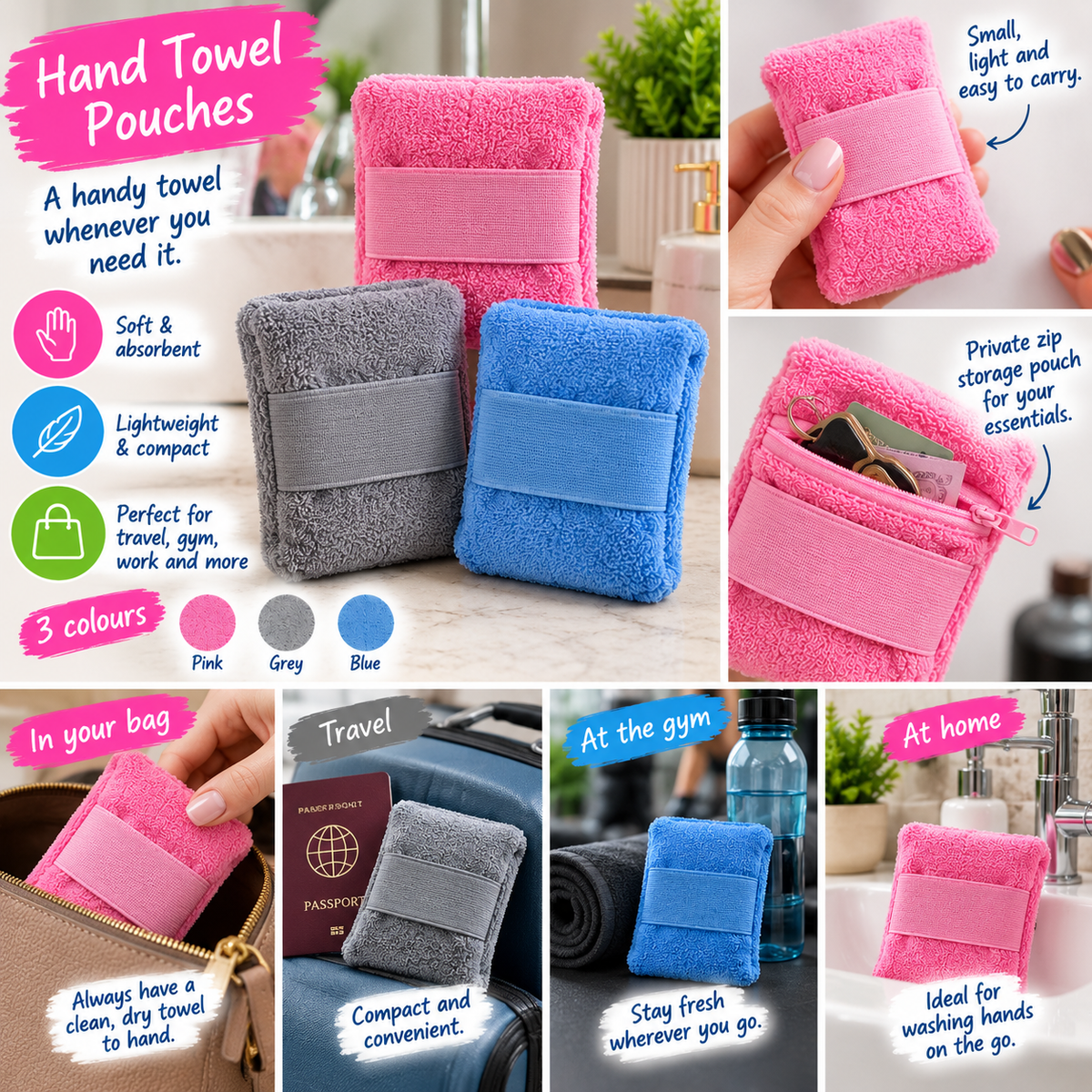 Hand towel pouches in pink, grey and blue – soft microfibre with zip storage pocket, 10x7cm